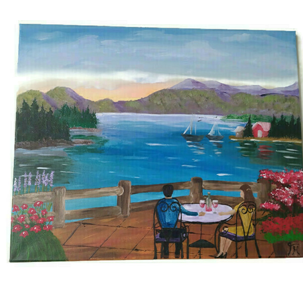 Μια βραδιά με κρασάκι στην λίμνη, ζωγραφισμένος στο χέρι καμβάς - πίνακες & κάδρα