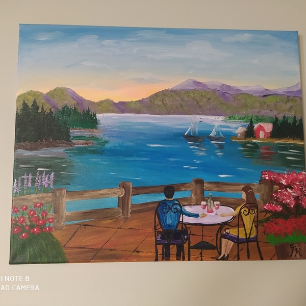 Μια βραδιά με κρασάκι στην λίμνη, ζωγραφισμένος στο χέρι καμβάς - πίνακες & κάδρα - 2