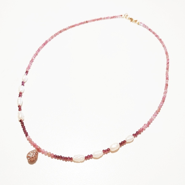 Κολιέ με ημιπολύτιμες πέτρες, ροζ κουαρτζ, αμέθυστο και ακατέργαστα μαργαριτάρια, συνδιασμένες με μοτιφ δάκρυ - ημιπολύτιμες πέτρες, κοντά, ζιργκόν - 2