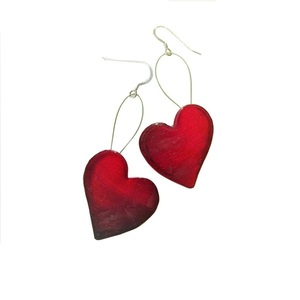 Ασημένια χειροποίητα σκουλαρίκια "Καρδιές" με κόκκινο σμάλτο - ασήμι, καρδιά, αγάπη, κρεμαστά, μεγάλα
