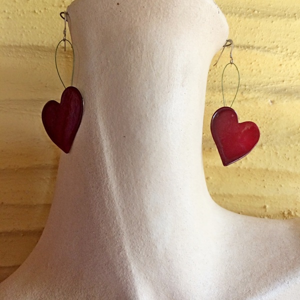 Ασημένια χειροποίητα σκουλαρίκια "Καρδιές" με κόκκινο σμάλτο - ασήμι, καρδιά, αγάπη, κρεμαστά, μεγάλα - 3