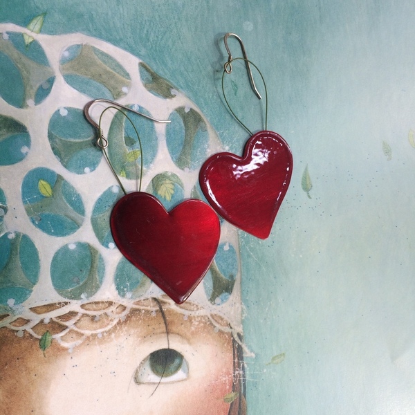 Ασημένια χειροποίητα σκουλαρίκια "Καρδιές" με κόκκινο σμάλτο - ασήμι, καρδιά, αγάπη, κρεμαστά, μεγάλα - 4
