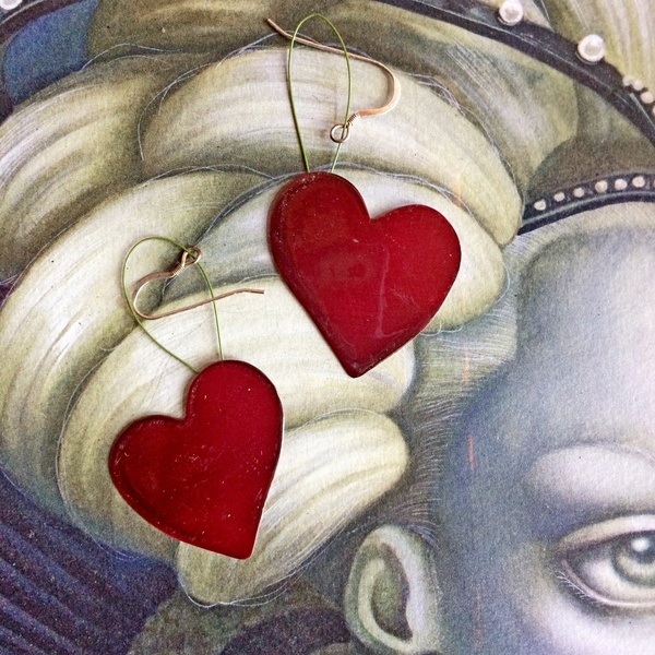 Ασημένια χειροποίητα σκουλαρίκια "Καρδιές" με κόκκινο σμάλτο - ασήμι, καρδιά, αγάπη, κρεμαστά, μεγάλα - 5