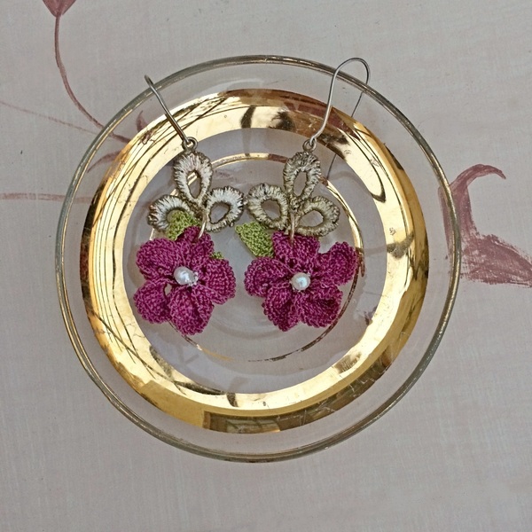 Σκουλαρίκια από επαργυρωμένη δαντέλα με πλεκτά λουλούδια - ασήμι, λουλούδι, κρεμαστά - 3