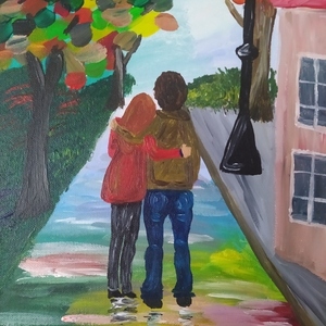 Βόλτα στο χωριό, ζωγραφισμένος στο χέρι καμβάς - πίνακες & κάδρα - 2