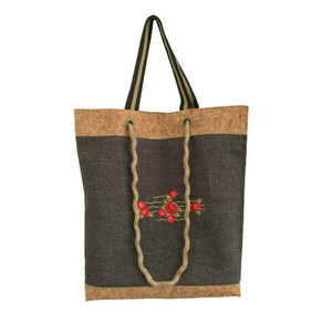 Υφασμάτινη καφέ τσάντα ώμου με κεντημένο floral μοτίβο - ύφασμα, ώμου, φλοράλ, φελλός, tote