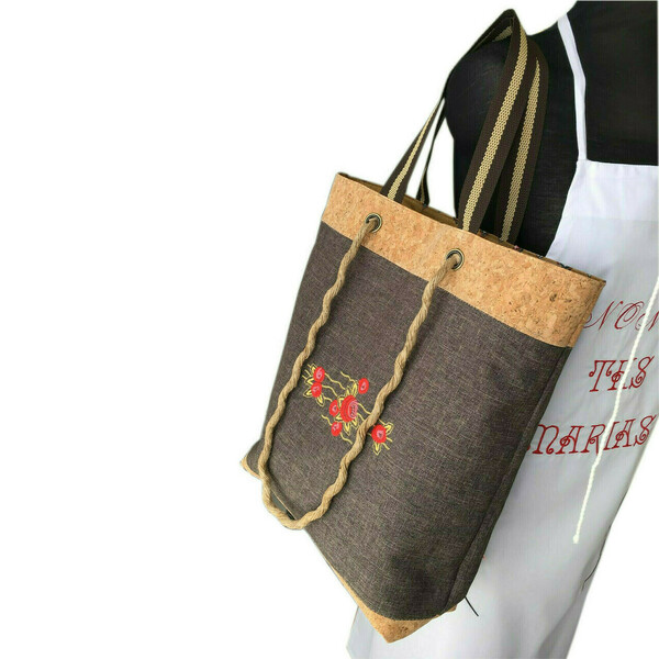 Υφασμάτινη καφέ τσάντα ώμου με κεντημένο floral μοτίβο - ύφασμα, ώμου, φλοράλ, φελλός, tote - 3