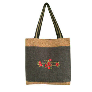 Υφασμάτινη καφέ τσάντα ώμου με κεντημένο floral μοτίβο - ύφασμα, ώμου, φλοράλ, φελλός, tote - 4