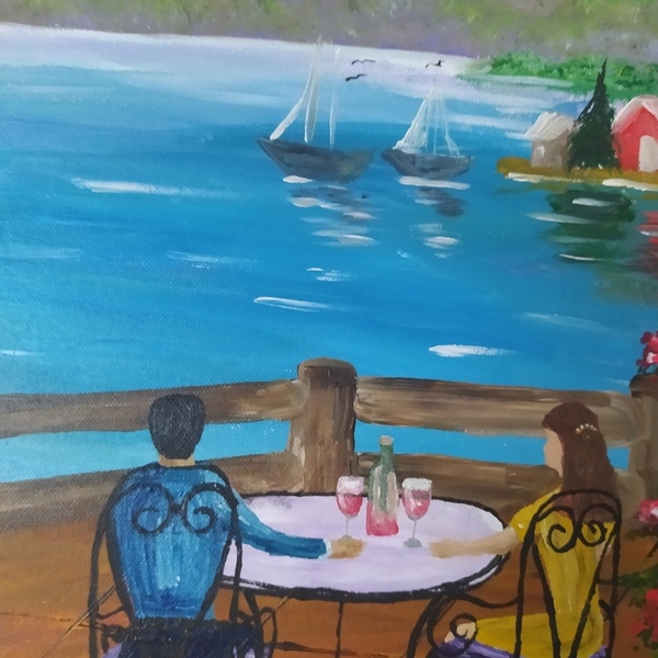 Μια βραδιά με κρασάκι στην λίμνη, ζωγραφισμένος στο χέρι καμβάς - πίνακες & κάδρα - 3