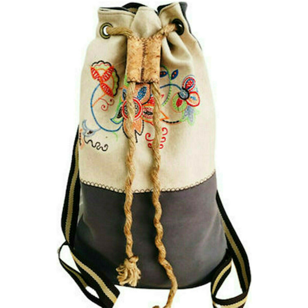 Yφασμάτινη τσάντα πουγκί με κεντημένο floral μοτίβο - ύφασμα, πουγκί, πλάτης, φλοράλ - 2