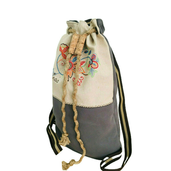 Yφασμάτινη τσάντα πουγκί με κεντημένο floral μοτίβο - ύφασμα, πουγκί, πλάτης, φλοράλ - 3