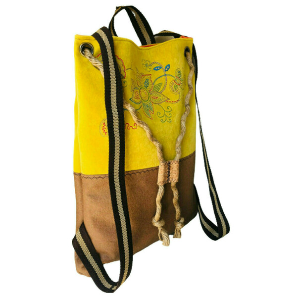 Yφασμάτινη τσάντα πουγκί με κεντημένο floral μοτίβο, κίτρινη- καφέ - ύφασμα, πουγκί, πλάτης, φλοράλ