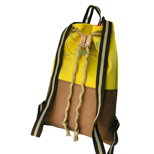 Yφασμάτινη τσάντα πουγκί με κεντημένο floral μοτίβο, κίτρινη- καφέ - ύφασμα, πουγκί, πλάτης, φλοράλ - 3