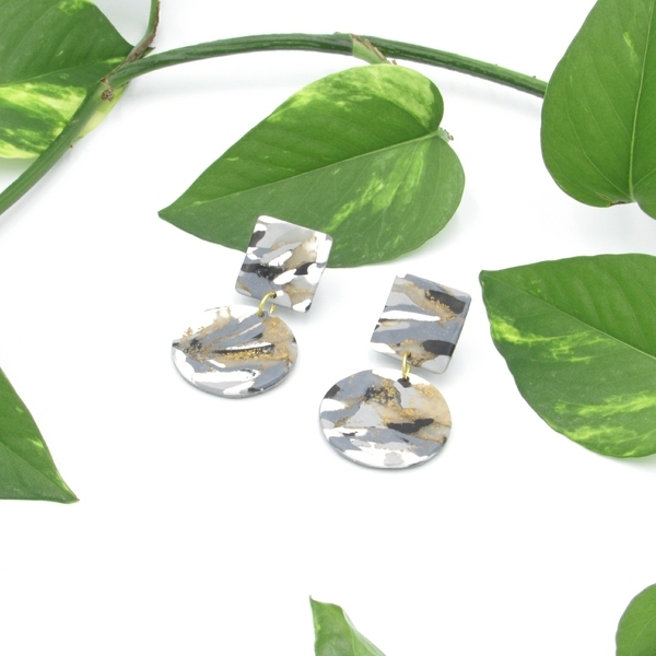 Marble circle earrings - κυκλικά σκουλαρίκια με εφέ μάρμαρο από πολυμερικό πηλό - πηλός, χειροποίητα, minimal, κρεμαστά - 4