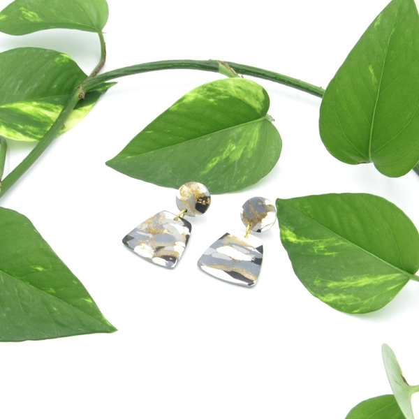 Marble geometric earrings - γεωμετρικά σκουλαρίκια με εφέ μάρμαρο από πολυμερικό πηλό - πηλός, χειροποίητα, minimal, καρφωτά - 3