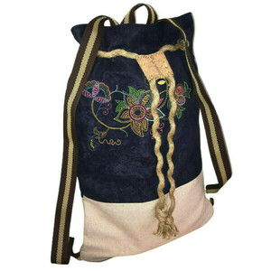 Yφασμάτινη τσάντα πουγκί με κεντημένο floral μοτίβο, μπλε σκούρο- κρεμ - ύφασμα, πουγκί, πλάτης, μεγάλες - 3