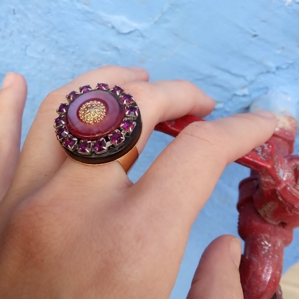 Purple Button Δαχτυλίδι - επιχρυσωμένα, swarovski, κουμπί, αυξομειούμενα, φθηνά - 4