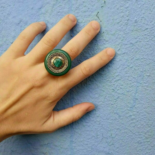 Green Button Δαχτυλίδι - επιχρυσωμένα, κουμπί, μεγάλα, αυξομειούμενα, φθηνά - 5
