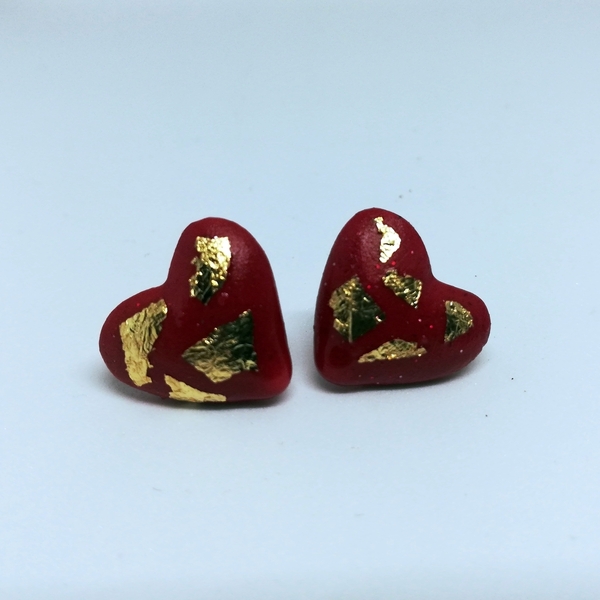 Σετ σκουλαρίκια καρδιές με φύλλα χρυσού για μαμά και κόρη - καρφωτά, μικρά - 3