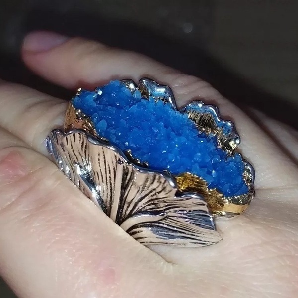 Γαλάζιο δαχτυλίδι με Chrysocolla, Αντικε με μαύρη πατινα σε σχέδιο φύλλα. - ημιπολύτιμες πέτρες, επιχρυσωμένα, ορείχαλκος, επάργυρα, σταθερά - 2