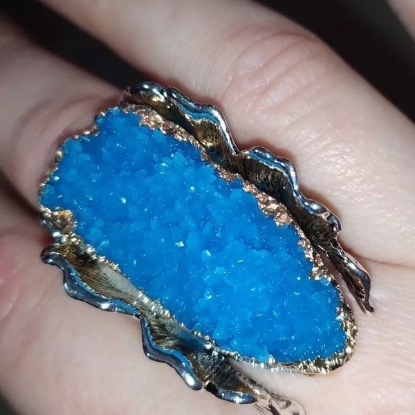 Γαλάζιο δαχτυλίδι με Chrysocolla, Αντικε με μαύρη πατινα σε σχέδιο φύλλα. - ημιπολύτιμες πέτρες, επιχρυσωμένα, ορείχαλκος, επάργυρα, σταθερά - 3