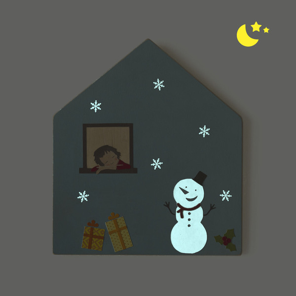 Ξύλινο χριστουγεννιάτικο κάδρο σπιτάκι με χιονάνθρωπο, 24x27 εκ - ξύλο, πίνακες & κάδρα, σπίτι, σπιτάκι, δώρα για παιδιά, διακοσμητικά - 2