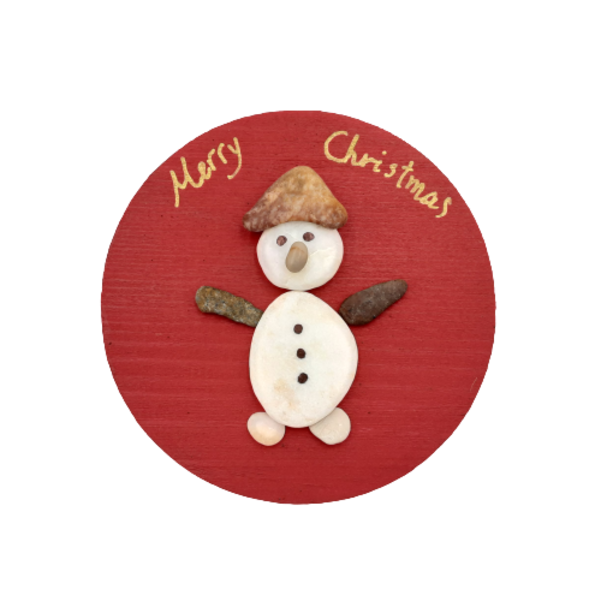 Μαγνητάκι ξύλινο με Χριστουγεννιάτικη παράσταση από βότσαλα, χιονάνθρωπος (9εκ) - ξύλο, χειροποίητα, διακοσμητικά, χριστουγεννιάτικα δώρα