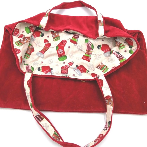 Τσάντα ,από κόκκινο βελουτέ ύφασμα,40χ45cm - ύφασμα, ώμου, χριστούγεννα, χριστουγεννιάτικα δώρα - 4