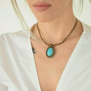macrame κολιέ με ημιπολύτιμη πέτρα, τυρκουάζ - ημιπολύτιμες πέτρες, μακραμέ, boho, αυξομειούμενα - 3