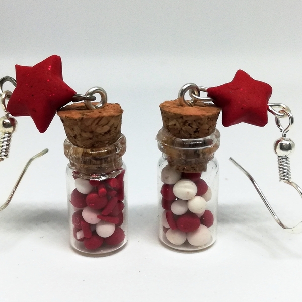 Σκουλαρίκια Χριστουγεννιάτικα μπουκαλάκια μινιατούρες με "ζαχαρωτά" - κοσμήματα, χριστουγεννιάτικα δώρα
