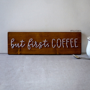 Ξύλινη πινακίδα με καρφιά & κλωστές "but first, Coffee" 40x12cm - ξύλο - 4