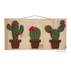 Ξύλινο κάδρο με καρφιά & κλωστές "Cactus" 40x20cm - πίνακες & κάδρα, κάκτος