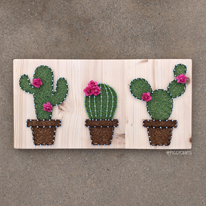 Ξύλινο κάδρο με καρφιά & κλωστές "Cactus" 40x20cm - πίνακες & κάδρα, κάκτος - 4