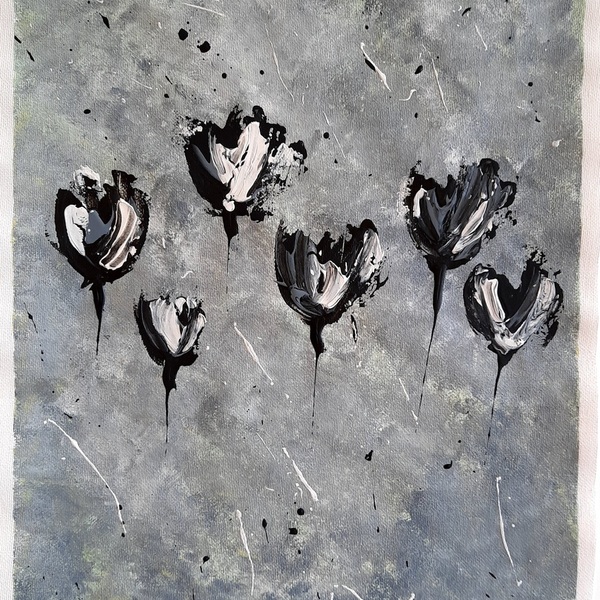 Χειροποιητος πίνακας ζωγραφικης σε φύλλο καμβα με μαύρες τουλιπες - πίνακες & κάδρα, πίνακες ζωγραφικής