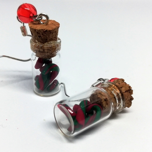 Σκουλαρίκια Χριστουγεννιάτικα μπουκαλάκια μινιατούρες με μπαστουνάκια