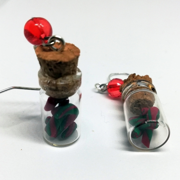 Σκουλαρίκια Χριστουγεννιάτικα μπουκαλάκια μινιατούρες με μπαστουνάκια - 2