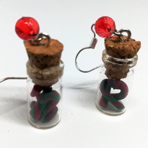 Σκουλαρίκια Χριστουγεννιάτικα μπουκαλάκια μινιατούρες με μπαστουνάκια - 3