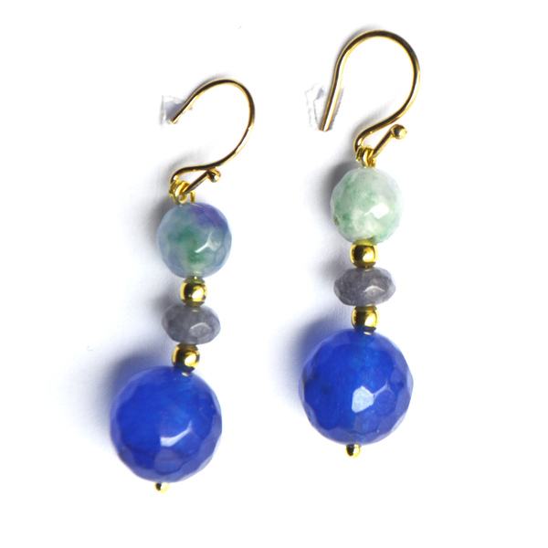 Τριπλά σκουλαρίκια μπλε - statement, ασήμι, ημιπολύτιμες πέτρες, επιχρυσωμένα, romantic, boho, ethnic, κρεμαστά