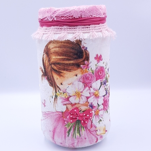 Σετ γυάλινη μολυβοθήκη-καμβάς κοριτσάκι με λουλουδια - κορίτσι, διακοσμητικά - 3
