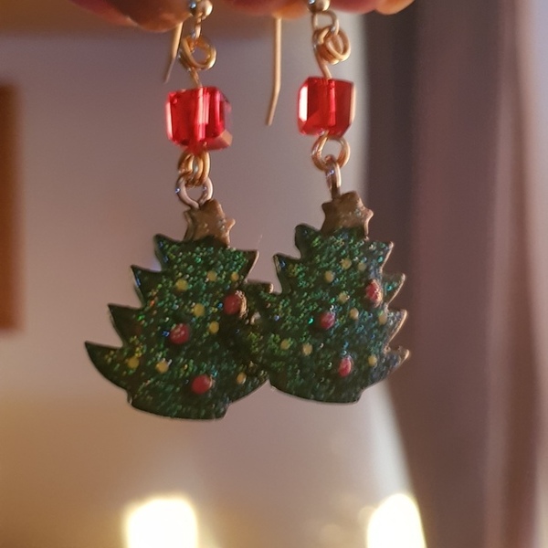 Σκουλαρίκια έλατα με κόκκινα κρύσταλλα! - κρεμαστά, χριστουγεννιάτικα δώρα - 4