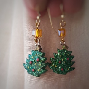 Σκουλαρίκια με έλατα και κρύσταλλο σε χρυσό χρώμα. - κρεμαστά, γάντζος, χριστουγεννιάτικα δώρα, δέντρο - 4