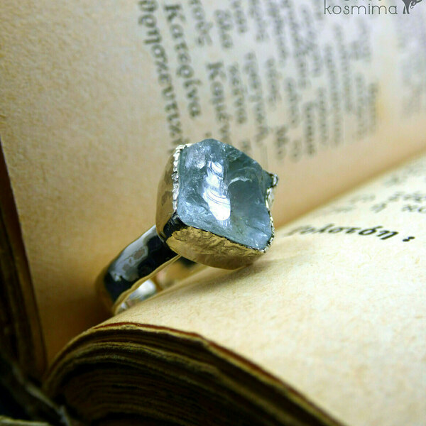 " Silver Rough Aquamarine " - Χειροποίητο δαχτυλίδι από ασήμι 925 και ακατέργαστο ημιπολύτιμο λίθο Ακουαμαρίνα! - ασήμι, ημιπολύτιμες πέτρες, μικρά, αυξομειούμενα - 4