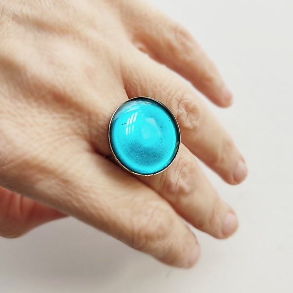 Δαχτυλίδι στρογγυλό με μπλε υγρό γυαλί - γυαλί, minimal, μικρά, αυξομειούμενα, φθηνά - 2
