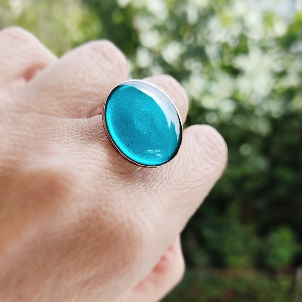 Δαχτυλίδι στρογγυλό με μπλε υγρό γυαλί - γυαλί, minimal, μικρά, αυξομειούμενα, φθηνά - 3