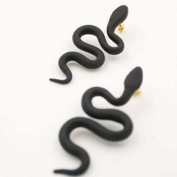 Μαύρο Φίδι Σκουλαρίκι - επιχρυσωμένα, πηλός, καρφωτά, μεγάλα - 2