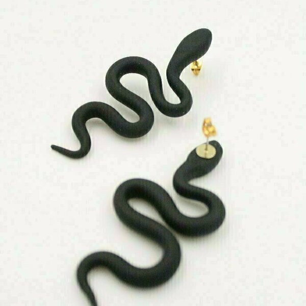 Μαύρο Φίδι Σκουλαρίκι - επιχρυσωμένα, πηλός, καρφωτά, μεγάλα - 3