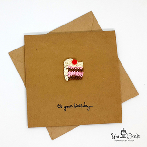 Ευχετήρια κάρτα με πλεκτό κομμάτι τούρτας - crochet, γενέθλια - 5