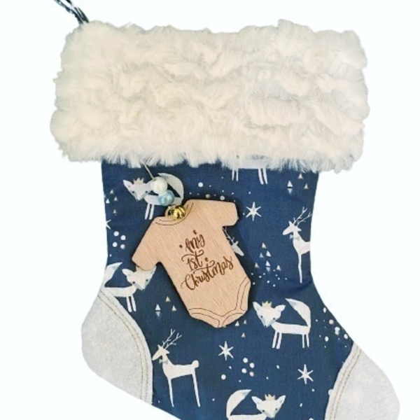 Χριστουγεννιάτικη κάλτσα "My First Christmas" - Μπλε Navy - διακοσμητικά, πρώτα Χριστούγεννα