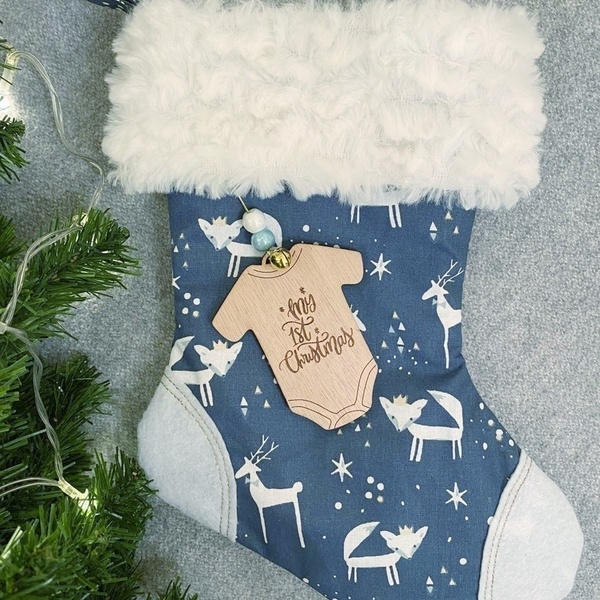 Χριστουγεννιάτικη κάλτσα "My First Christmas" - Μπλε Navy - διακοσμητικά, πρώτα Χριστούγεννα - 2