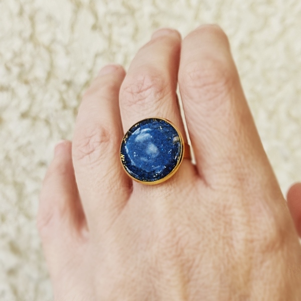 Δαχτυλίδι επίχρυσο με μπλε γκλίτερ - μικρά, αυξομειούμενα, επιχρυσωμένα, φθηνά, μπρούντζος, γυαλί - 5